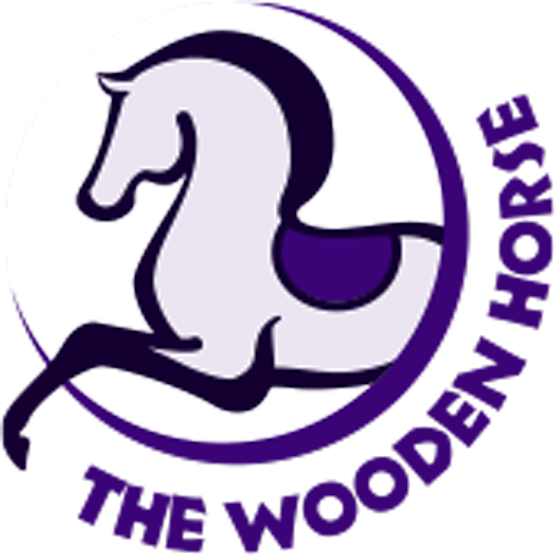The Wooden Horse logo (purple and blue)- natural horsemanship lessons, training, boarding and trail rides in eastern Washington